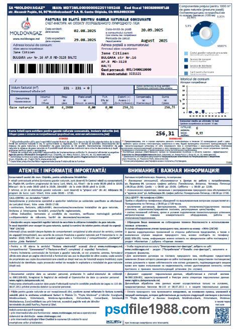 Moldova Moldovagaz Utility Bill 1